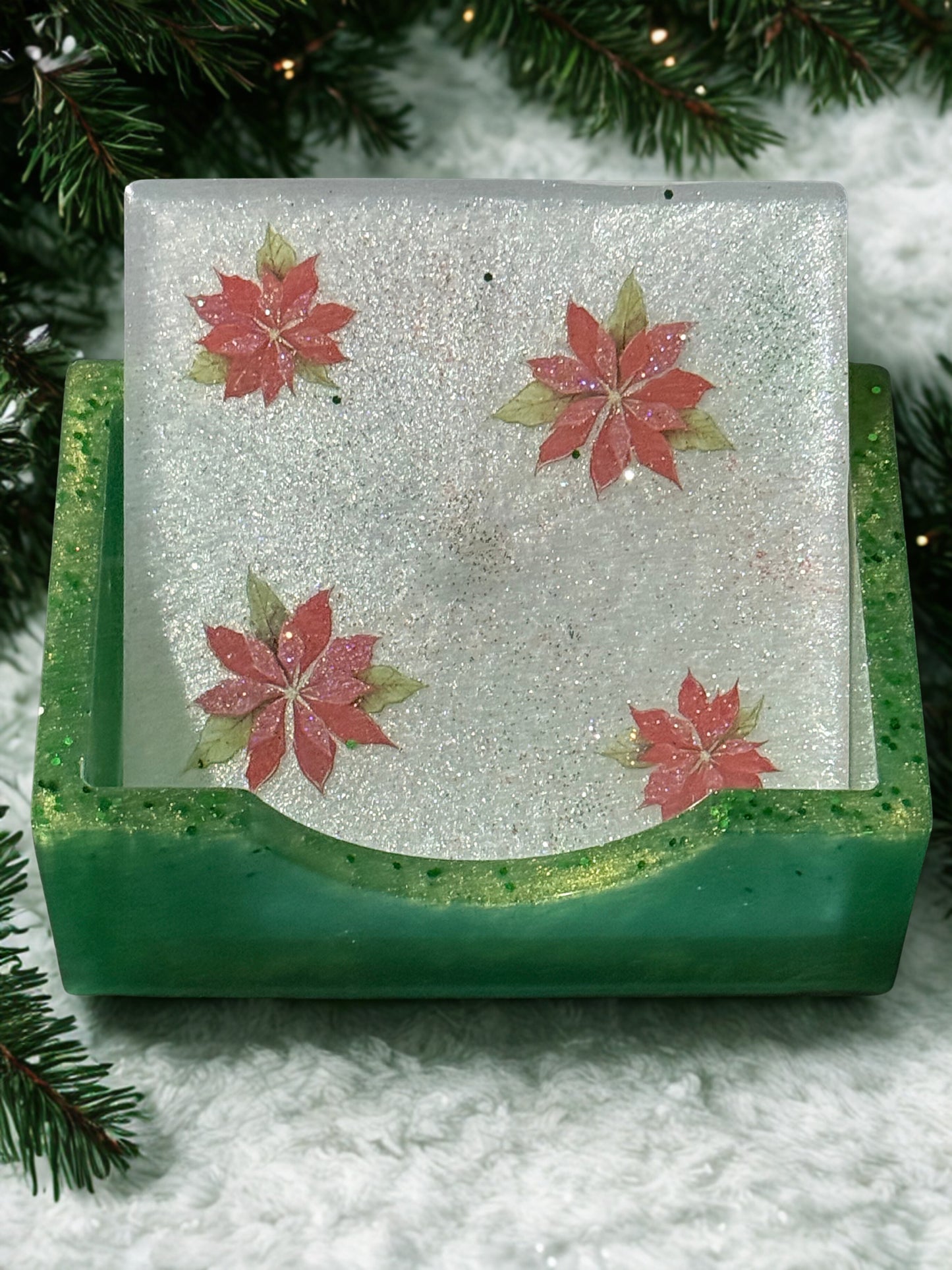 Poinsettia coasters and holder