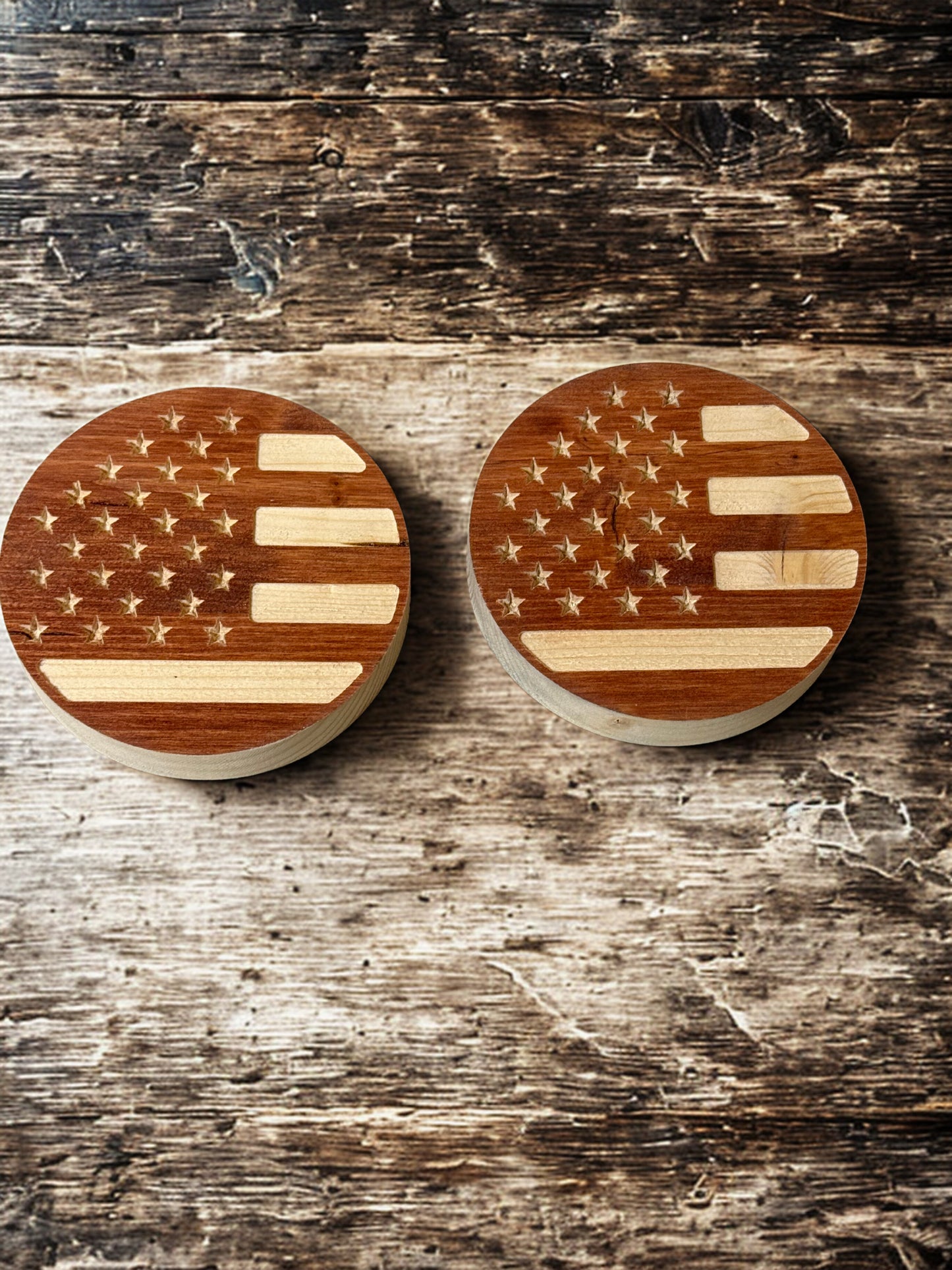 stained wooden American flag coasters
