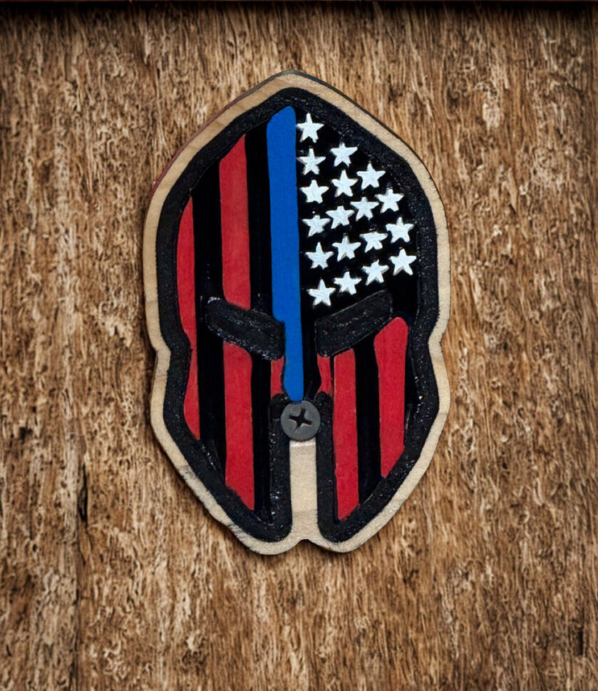 17.5 x 30" U.S. Flag " I prefer peace" gun rack.  With the Spartan helmet and thin blue line holding your gun.