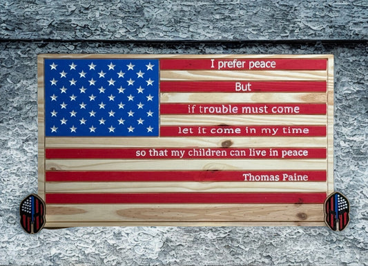 17.5 x 30" U.S. Flag " I prefer peace" gun rack.  With the Spartan helmet and thin blue line holding your gun.