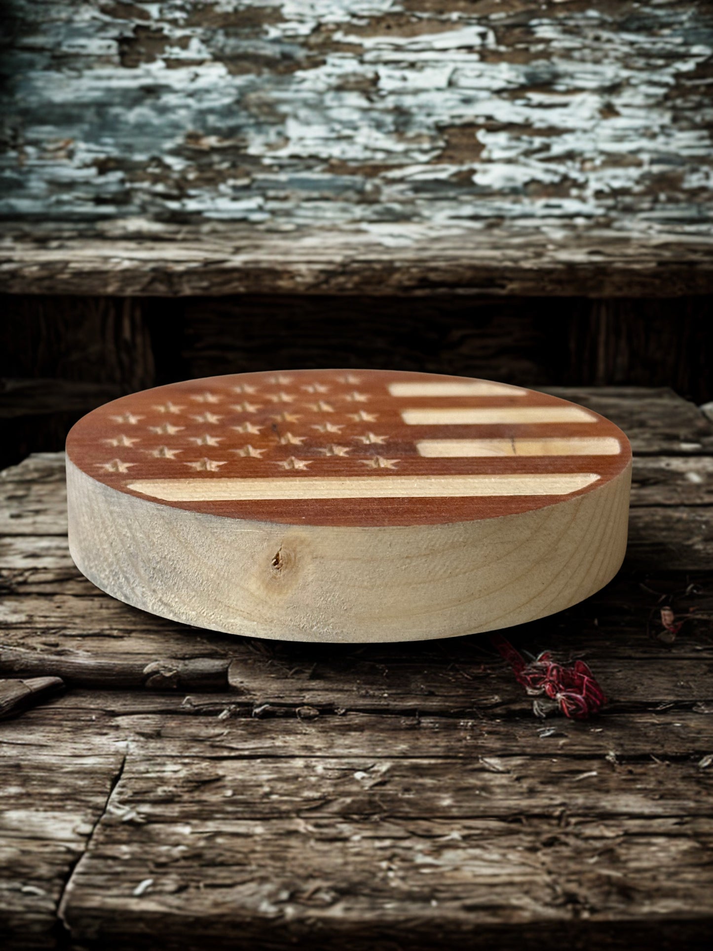 stained wooden American flag coasters